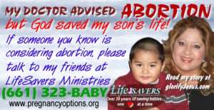Ad featuring Teresa and Moses, saved from abortion in spite of doctors' advice