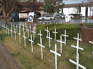 White crosses placed outside the LifeHouse pregnancy help center as a memorial to Bakersfield's aborted babies
