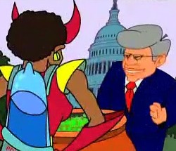 Dianysis (notice her devilish horns) before she dips 'the Senator' in boiling oil to convert him to an advocate of 'choice.'